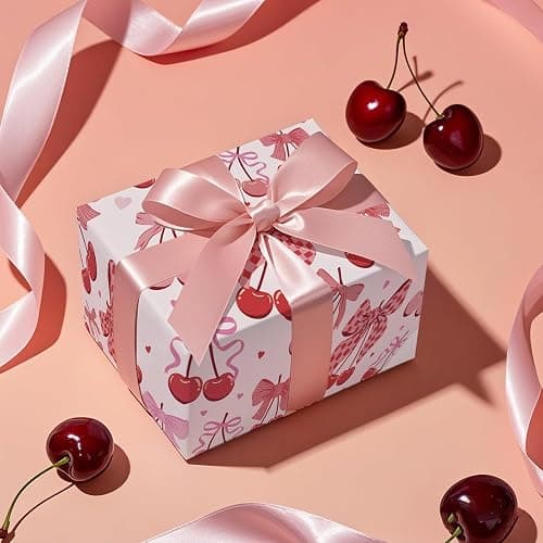 RUSPEPA Cherry Bow Wrapping Paper Roll, Valentine Gift Wrap, Pink and Red Wrap Paper for Girl Birthday, Valentine's Day, Bachelorette, Galentines, 17 Inch x 16.4 Feet thumbnail 4