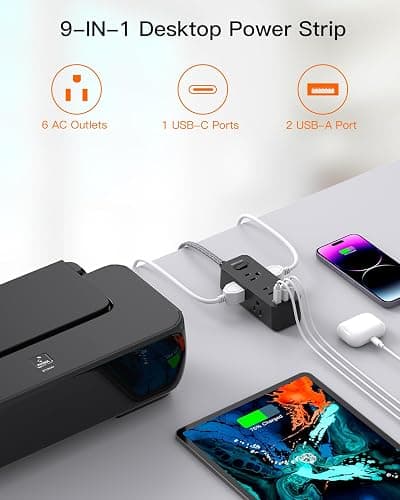 Black Power Strip Surge Protector, BESHON 5Ft Extension Cord, 6 Outlets with 3 USB Ports(1 USB C Outlet), 3-Side Outlet Extender, Wall Mount, Compact for Travel, Home, College Dorm Room, and Office thumbnail 2
