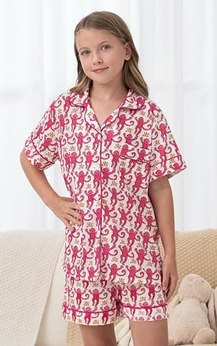 SLPTIMISO Girls Summer Outfit,Kids 2 Piece Button Down Monkey Loungewear Beach Shorts Set Preppy Animals Lounge Pjs thumbnail 2