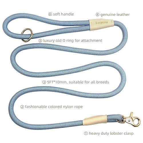 Lucpawz Lobster Snap Pet Leash 5FT, Special Strong Nylon Rope Dog Leash, Solid Color Rope Dog Lead for All Breeds(Blue, 5ft*10mm) thumbnail 2
