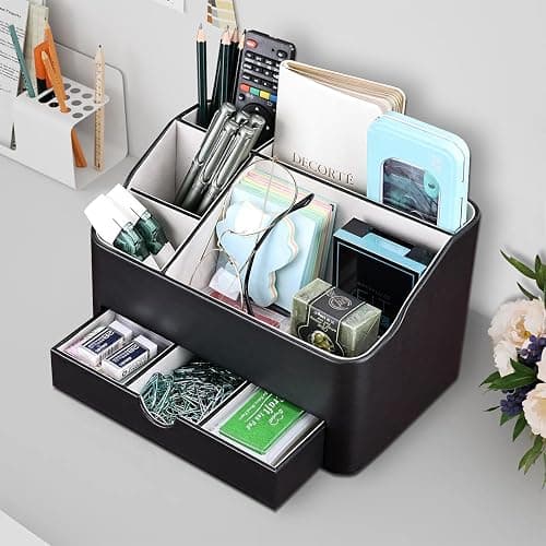 KINGFOM Desk Tidy Organiser mit 5 Grids and Drawer, PU Leather Desk Organiser Office Desktop Stationary Organiser Holder Large Capacity Pen Pot Pen Holder for Desk Accessories (Black) thumbnail 8
