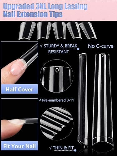 Quaferen 504Pcs Clear Coffin Nail Tips for Acrylic Nails Professional, XXXL Extra Long No C Curve Coffin Straight Acrylic Nail Tips, Half Cover No Crease Nail Extension False Nails for DIY Nail Art thumbnail 4