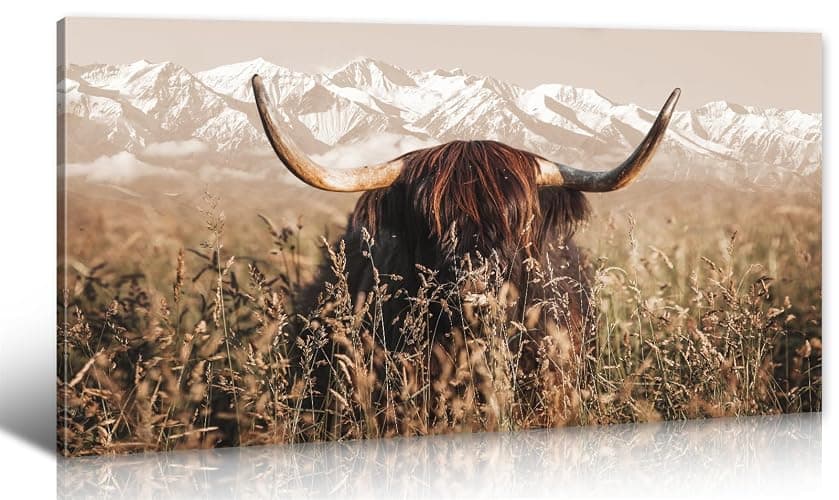 DJSYLIFE Highland Cow Wall Art Farmhouse Decor Canvas Printed Country Cow Pictures Western Rustic Modern Artwork Decorations for Bedroom Office Living Room Framed Ready to Hang 20" x 40" - Image 1