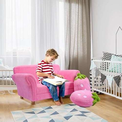 Fireflowery Kids Sofa, Children Upholstered Loveseat Lounge Bed w/ 2 Cute Strawberry Pillows, Children Couch Armrest, Double Seat Kid Sofa for Playroom Bedroom Living Room Baby Room, Pink thumbnail 8