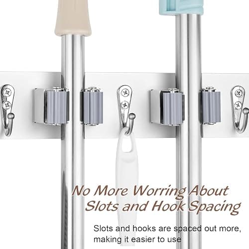OUTNILI Mop and Broom Holder Wall Mount - White Broom Mop Hanger - Wall Mounted Garden Tool Rack Organizer for Closet Garage Laundry Room Kitchen Decor With 5 Slots & 4 Hooks thumbnail 6