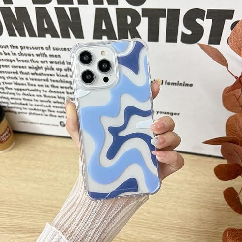 Sayoaho Compatible with iPhone 15 Phone Case, Cute Art Wavy Painted for Women Girls, Soft TPU Edge PC Back Protective Shockproof Compatible with iPhone 15 (Blue) thumbnail 3