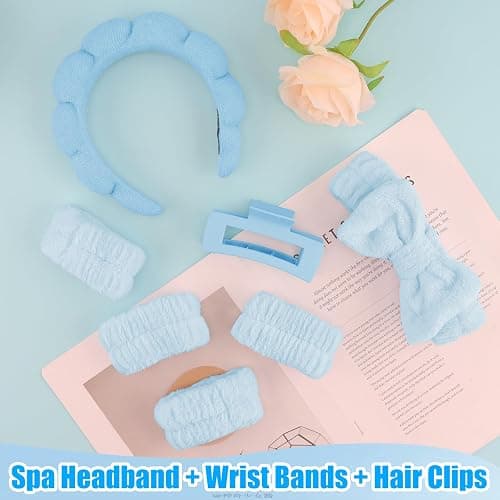 Canitor Spa Headband Wrist Bands Hair Clips Set Skincare Makeup Self Skin Care for Women Washing Face College Grandkids Clean Girl Gifts Cute Trendy Stuff Aesthetic Things Blue Stocking Stuffers thumbnail 4