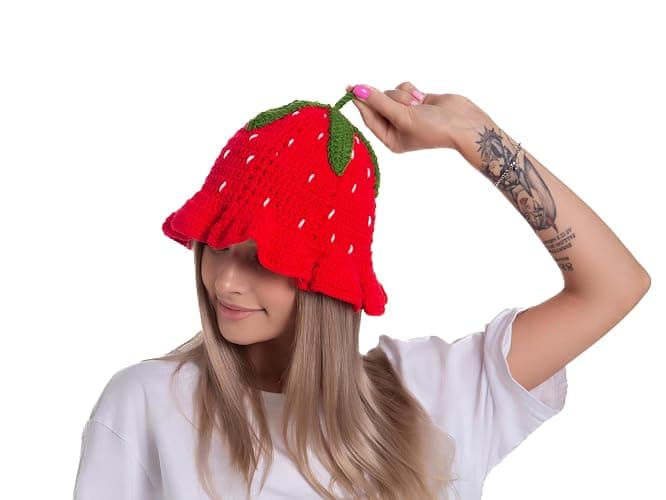 ComfyCamper Knitted Strawberry Hat - Womens Adult Mens Women Crochet Fruit Summer Cosplay Halloween Costumes thumbnail 5