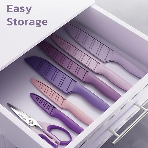 Astercook Knife Set, 13 Pieces Kitchen Knives Set with Healthy Anti-Rust Coating, Dishwasher Safe, Stainless Steel Chef Knife Sets with 6 Blade Guards, Perfect Holiday Gifts for Kitchen Purple thumbnail 7