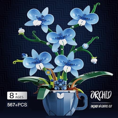 iixeal Blue Orchid Flower Building Set for Adults, Coffee Cup Orchid Botanical Collection Plant Building Kit, Home and Office Decor Gift for Christmas Day, Valentines, Birthday 567pcs thumbnail 3