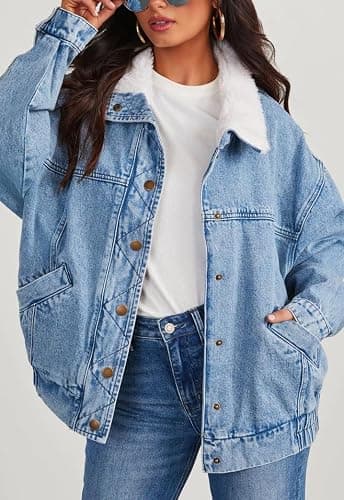 chouyatou Women's Warm Sherpa Collar Denim Jacket Faux Fur Collar Denim Coat Trucker Jacket thumbnail 3