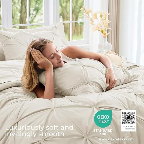 Sasttie Oversized Queen Comforter Set, 7-Piece Bed in a Bag, Pintuck Bedding Sets for All Season, Includes Comforter, Flat Sheet, Fitted Sheet, Pillowcases and Pillowshams, Beige thumbnail 3