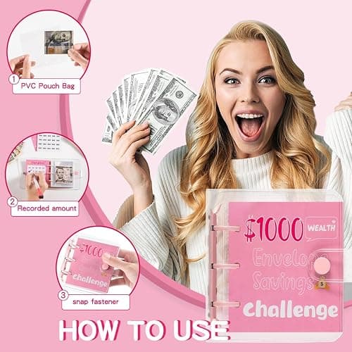 RSORGN Mini Money Saving Challenge Binder, Portable Budget Book with Cash Envelopes to Save $1000 for Home Office School Finance Planning (Pink) thumbnail 6