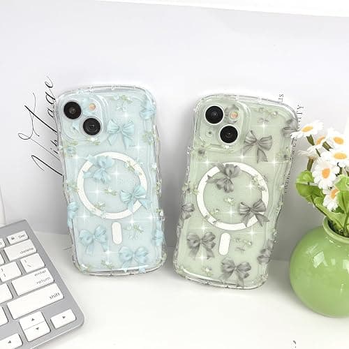 Urarssa Magnetic Case for iPhone 15, Glitter Cute Curly Wavy Frame Aesthetic Ribbon Bow Pattern Clear Case for Women Girls, Transparent Slim TPU Bumper Shockproof Protective Cover, Blue Bows thumbnail 6