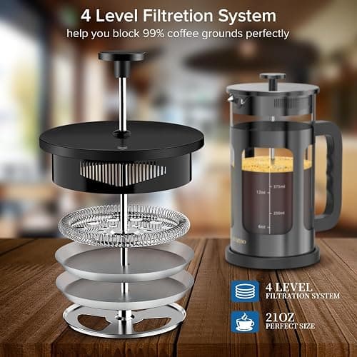 French Press Coffee Maker, French Press 304 Stainless Steel with 4 Filter, Heat Resistant Durable, Easy to Clean, Borosilicate Glass Coffee Press, 100% BPA Free Glass Teapot, 21 ounce, Dark Pewter thumbnail 5