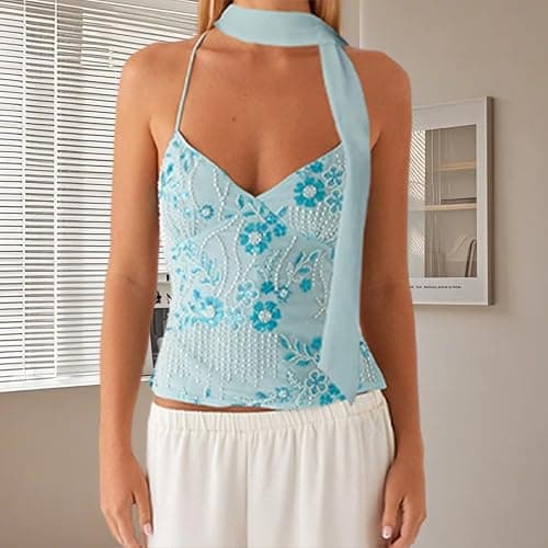 Damen-Top mit Pailletten, glitzernd, Neckholder, Y2K, Perlenverzierung, sexy Tank-Top, Ausgehen, Party, Clubwear thumbnail 5