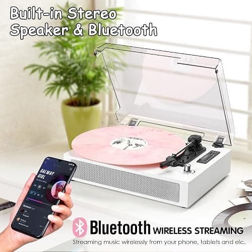 Vinyl Record Player Bluetooth with Bulit-in Speaker Extended Turntable Case | Vintage Belt-Driven 3-Speed Turntable, USB/TF Recording, Vinyl to Digital, 5 Modes on Bluetooth/USB /AUX RCA Line-Out, White thumbnail 7