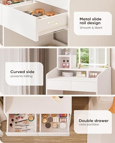 LIVELYGLOW Small Makeup Vanity Desk with Lighted Mirror, White, 23.62" W x 15.74" D x 53.93" H (Smart LED Mirror, Open Shelves, 2 Drawers) thumbnail 6