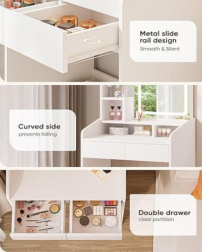 LIVELYGLOW Small Vanity Desk Set with Square Mirror and Light- Vanity Desk with Drawer- White - 2- White - Square Mirror thumbnail 6