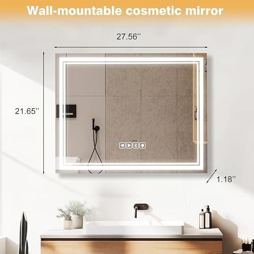 MKupView 27.6"X21.7" Wall-Mounted Mirror Large Vanity Mirror with LED Lights & Play Music Vanity Mirror Touch Screen with 3-Color Lighting Memory Function USB Charging & Magnifying Glass - 21.7"L x 27.6"W thumbnail 2