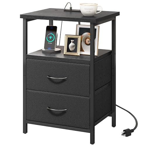 Fixwal Black Night Stand with Charger Station, Nightstand with Charging Station & Fabric Drawers - Image 1