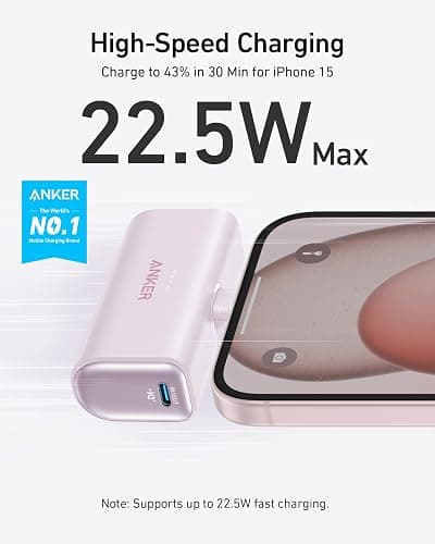 Anker iPhone 16 Portable Charger, Nano Power Bank with Built-in USB C Connector, 5,000mAh Portable Charger 22.5W, for iPhone 16/15 Series, Samsung S22/23 Series, iPad Pro/Air, AirPods, and More thumbnail 2