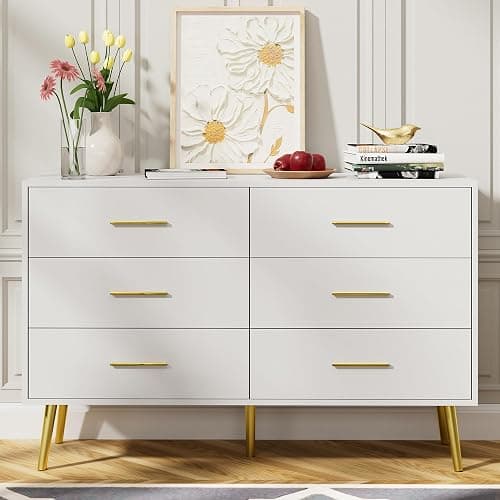 LYNSOM White 6 Drawer Dresser for Bedroom with Gold Handles, Modern Chest of Drawers, Wooden Dressers Organizer for TV Stand,Living Room, Hallway, Entryway - Image 1
