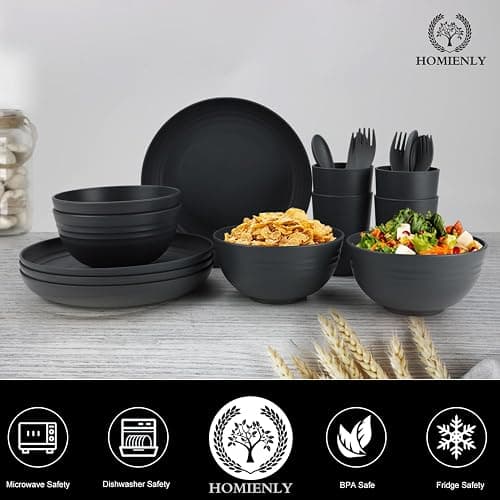 Homienly Wheat Straw Dinnerware Sets, Homienly 20pcs Unbreakable Microwave Dishwasher Safe Tableware Lightweight Bowls, Cups, Plates Set Reusable Dinner Plates Bowls set (Matte Black) thumbnail 5