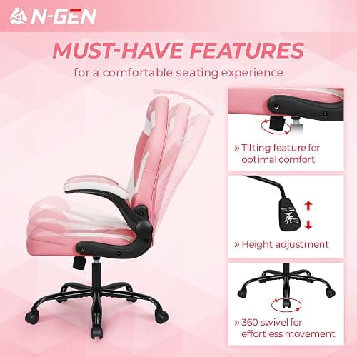 N-GEN Video Gaming Chair Ergonomic Computer Desk Office Chair with Lumbar Support Adjustable Height Swivel Wheels Flip-Up Arms PU Leather Home and Office (Pink) thumbnail 7