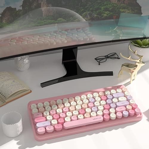 UBOTIE Portable Bluetooth Colorful Keyboards (Pink-Colorful) | Computer Wireless Mini Compact Retro Typewriter Flexible 84Keys Design Keyboard for PC Tablet thumbnail 3