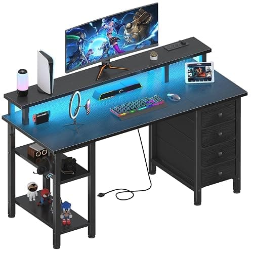 Lufeiya Black Gaming Desk with LED Lights and Power Outlets, 47 inch Computer Desk with Fabric Drawers and Storage Shelves, Home Office Desk with Monitor Stand, Black - Image 1