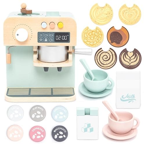 UMU® Macchina da caffè in legno – Accessori da cucina – Gioco di ruolo – Servizio da caffè personalizzabile per bambini dai 3 anni in su - Image 1