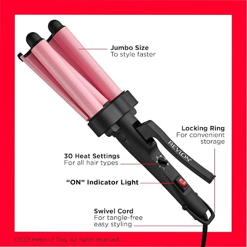 Revlon 3 Barrel Jumbo Hair Waver | Long-Lasting, Natural Looking Waves, (Pink) thumbnail 5