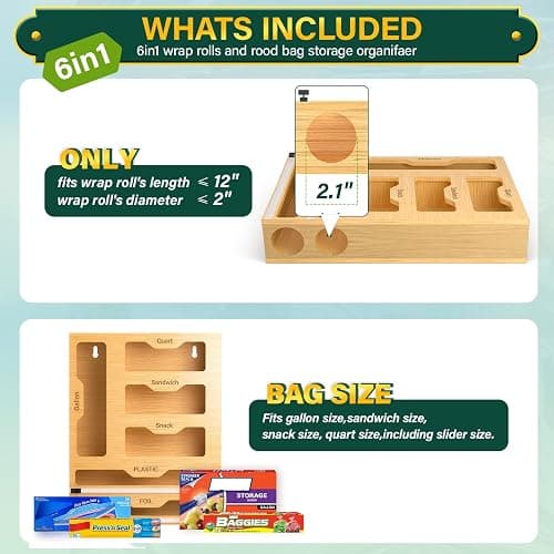 KOCWELL Bag Organizer and Plastic Wrap Dispenser with Cutter, 6 In 1 Bamboo Foil and Plastic Wrap Organizer for Kitchen Drawer, Food Storage Bag Organizer for Gallon,Quart,Sandwich,Snack(Yellow) thumbnail 7