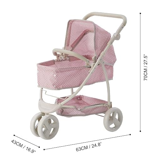 Olivia's Little World 2-in-1 Convertible Baby Doll Stroller with Retractable Canopy, All-Terrain Wheels, and Adjustable Handle, Cream and Pink with Gray Polka Dots thumbnail 3
