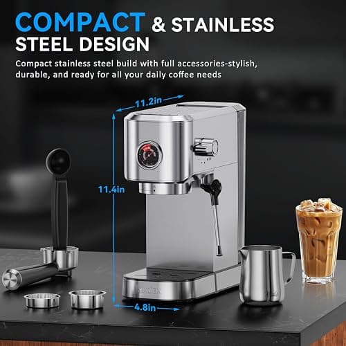 XIXUBX 20Bar Espresso Machine, Compact Espresso Maker with Milk Frother, Stainless Steel Coffee Machine for Cappuccino&Latte, 42oz Water Tank, Visible Pressure Gauge, Home&Office, Silver thumbnail 2