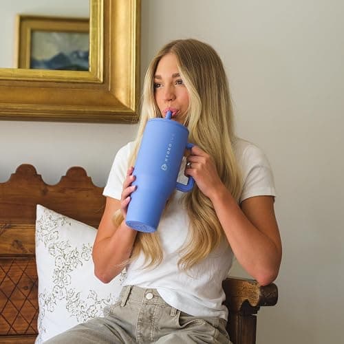 HydroJug Traveler 40oz, Insulated Tumbler with Handle & Straw, Light Blue | Triple wall insulated, flip straw lid, leak-resistant, stainless steel, cup holder friendly, BPA-free, dishwasher safe thumbnail 2