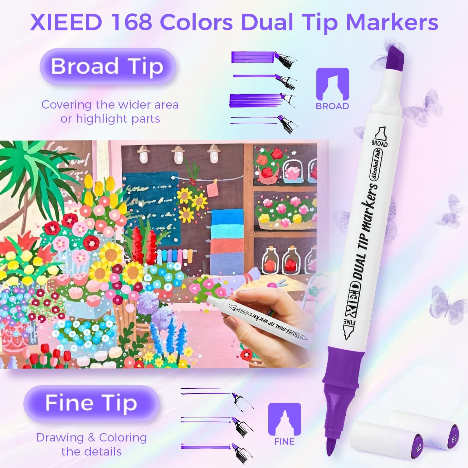 168 Colors Alcohol Markers, Double-Sided Alcohol Markers, Quick Dry Highlighters, Set Perfect for Adults, Artists & Students for Coloring and Drawing (Fine & Wide) thumbnail 2