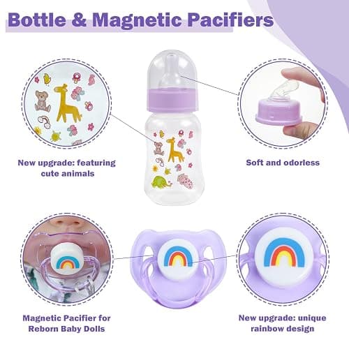 SCOM Reborn Baby Doll Accessories Set - Koala Silicone Pacifier Clips & Rainbow Magnetic Pacifiers & Removable Reusable Baby Doll Bottles for Reallife Realistic Dolls Girls Boys, Purple Style, 3 Pcs thumbnail 5