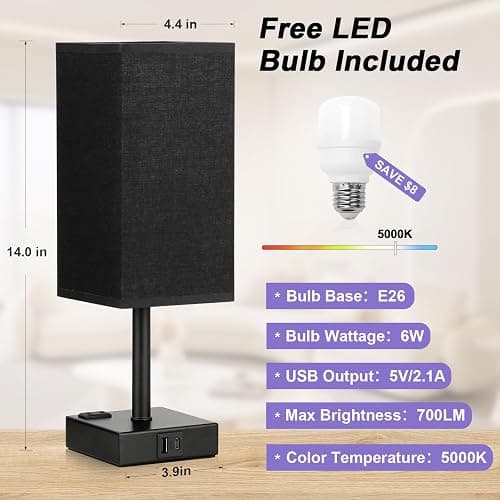 aooshine Black Lamp for Bedroom-Touch Lamp with USB-C+A and AC Outlets,3 Way Bedside Nightstand Square Table Lamp for Kids, Guest Room Living Rroom,Office, 800 Lumens 5000K Daylight Bulbs Included thumbnail 4