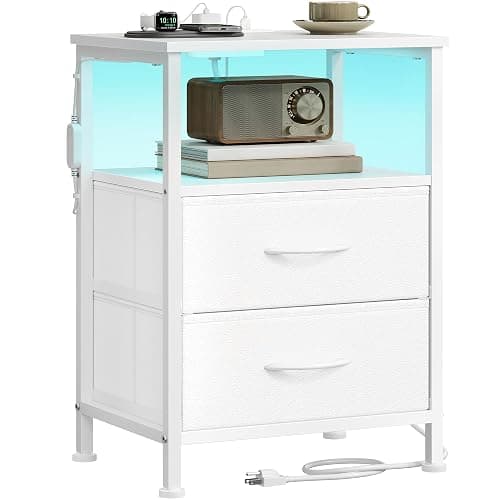 SONGMICS BELLAH Collection - Nightstand with Charging Station and App-Controlled Adjustable LED Lights, Bed Side Table, 2 Drawer and 1 Open Shelf, Bedroom, Cloud White and Snow White ULGS302WH01S - Image 1