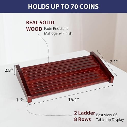DecoWoodo Challenge Coin Holder Display Case - 2 Tiers Solid Wood Military Coin Rack for 60-70 Coins, Army Coin Stand for Desk Display, Mahogany thumbnail 3