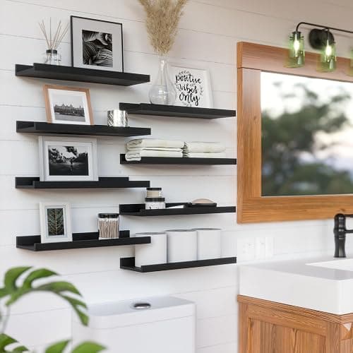 RICHER HOUSE 8-Set Floating Shelves with Lip, Black Wall Mounted Wood Shelf | Display Picture Ledge Shelf, Anti-drop lip Shelf for Room Wall Decor, Bedroom Bathroom Storage Nursery Hanging Book Shelves thumbnail 6