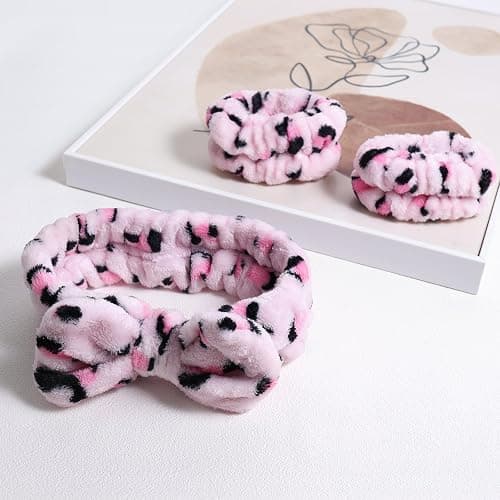Miroksh Pink Leopard Print Plush Wash Face Headband Bowknot Cheetah Spa Hair Band Wrist Cuffs Women Girls Facial Makeup Skincare Bath Head Wrap Lady Costume Party Supply Xmas Gift thumbnail 2
