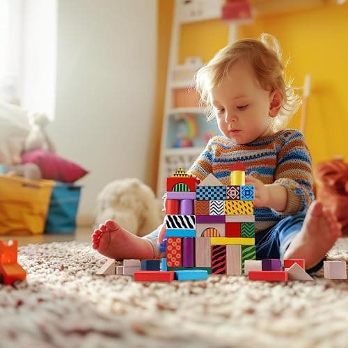 Offelec 50 Pcs Wooden Building Blocks Set with Storage Bucket, Montessori Stacking Blocks & Shape Sorting Toys for Toddlers, Preschool Learning Toys for Boys & Girls, Kids Brightly Colored Blocks thumbnail 2