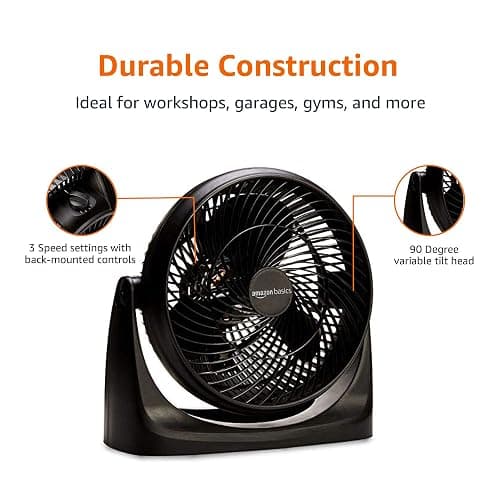 Amazon Basics Air Circulator Fan, Desk Fan for Bedroom, Home and Office, With 90-Degree Tilt Head, 3 Speed Settings, Lightweight (4.2 LBS), 70 Watts, Black, 14.8"Wx7.6"Dx14.1"H thumbnail 7