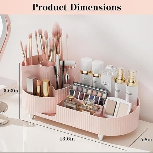 Pink Rotating Vanity Organizer with Brush Holder - Large Spinning Cosmetic Storage, Countertop Makeup & Skincare Organizer, Perfume & Lotions Display Case thumbnail 2