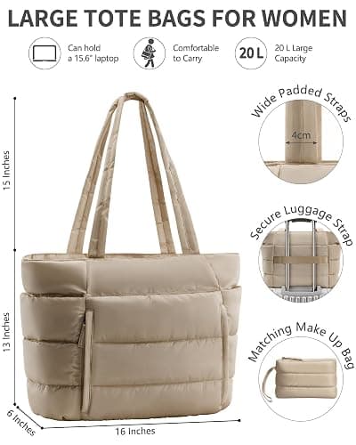 Puffer Tote Bag for Women, Lightweight Puffy Work Handbag Teacher Nurse Quilted Shoulder Bag for School Travel Gym thumbnail 2