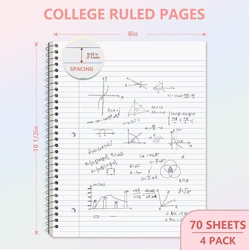 CoconutGo 4 Pack Spiral Notebooks, 1 Subject College Ruled, 10.5 x 8 in, 70 Sheets Each, 3-Hole Punched Perforated Pages, Plastic Covers with Pockets, Silver Coil, Assorted Colors thumbnail 2