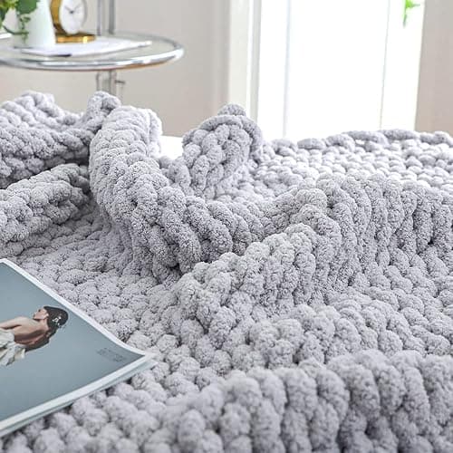 Bigacogo Chunky Knit Throw Blanket for Couch, 40x60 inches, 100% Hand Knitted with Thick Jumbo Chenille Yarn, Cozy Soft Large Rope Knot Cable Crochet Blankets for Sofa Bed Living Room, Light Grey - Image 1